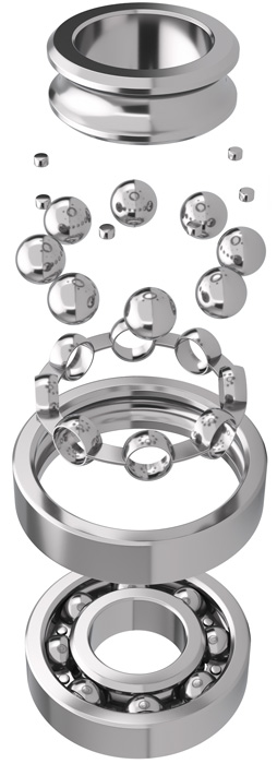 Exploded view of a ball bearing assembly showing individual components—outer ring, inner ring, cage, and multiple metal balls—separated and aligned vertically to illustrate how they fit together.