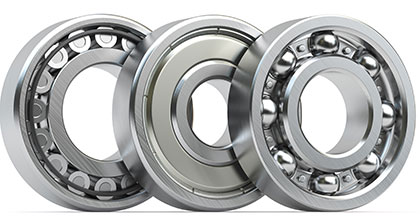 Three different types of metal ball bearings displayed side by side, showing variations in internal structure, including open and sealed designs, with polished steel finishes.