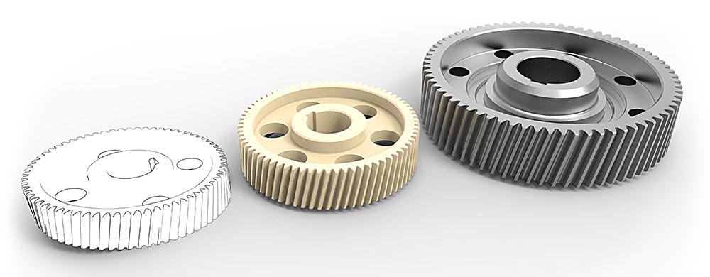 Three spur gears displayed side by side in different finishes—a white prototype-style gear, a brass-colored gear, and a larger steel gear—highlighting variations in size, material, and machining detail.